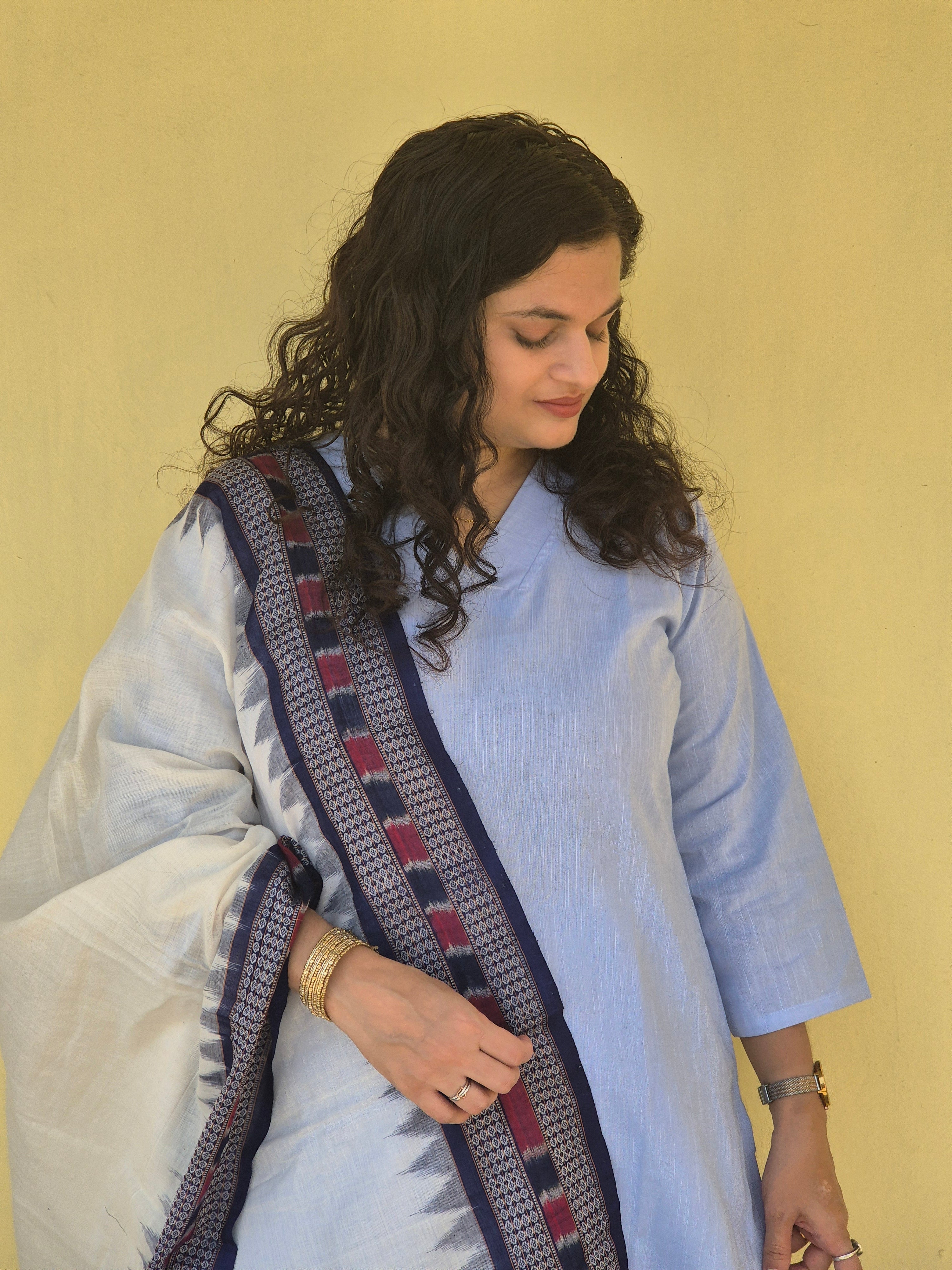 "Neelkanti" Blue Linen Co-ord Set with Sambalpuri Handloom Dupatta