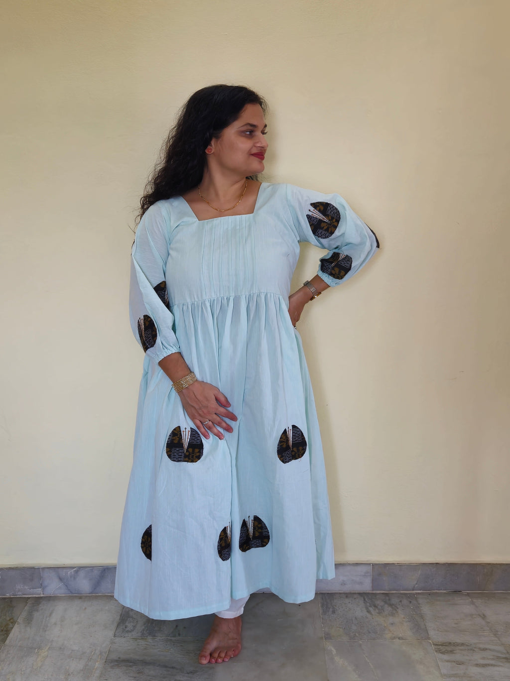 "Neerja" Patchwork Aqua Blue Linen Dress
