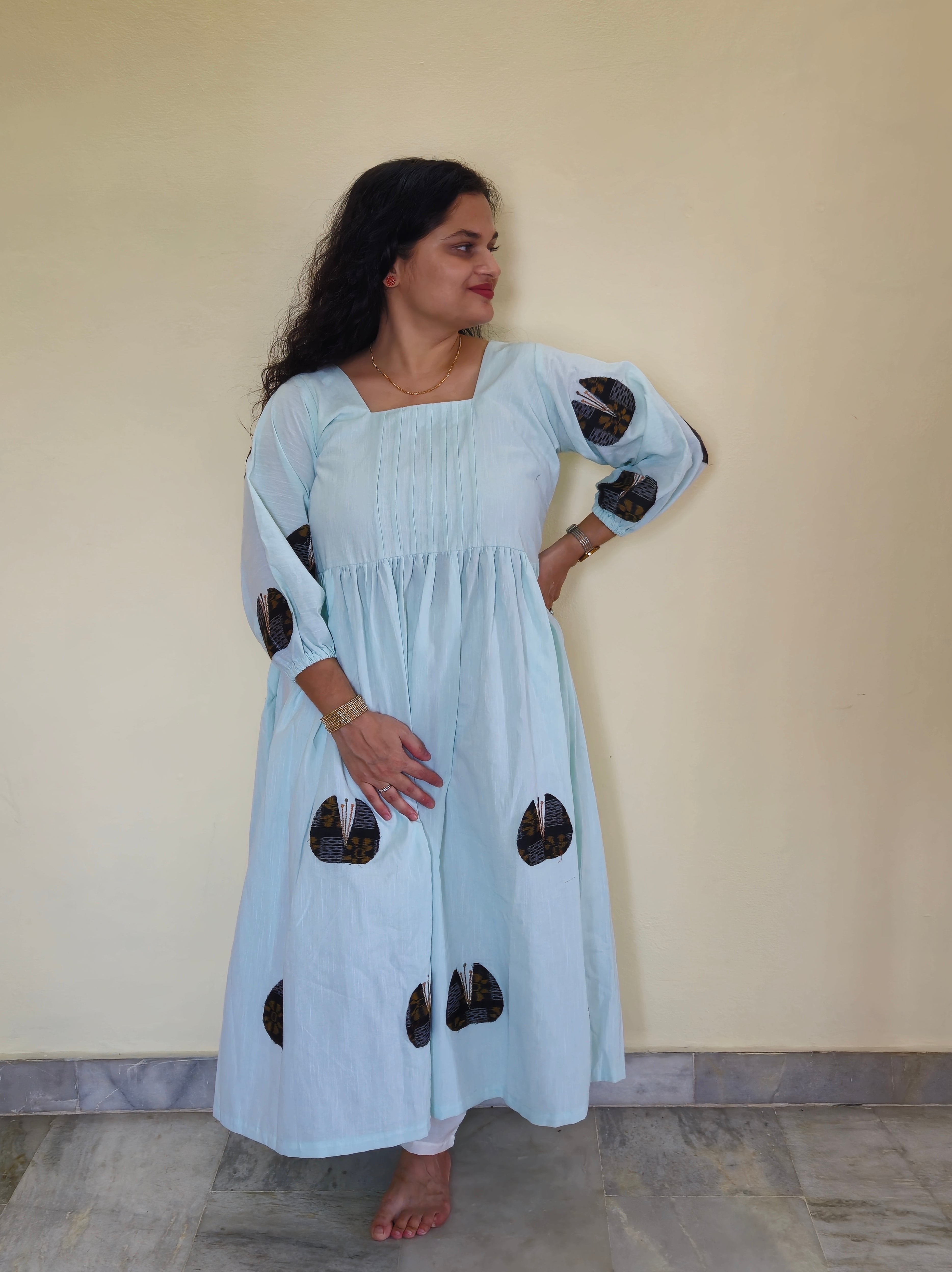 "Neerja" Patchwork Aqua Blue Linen Dress