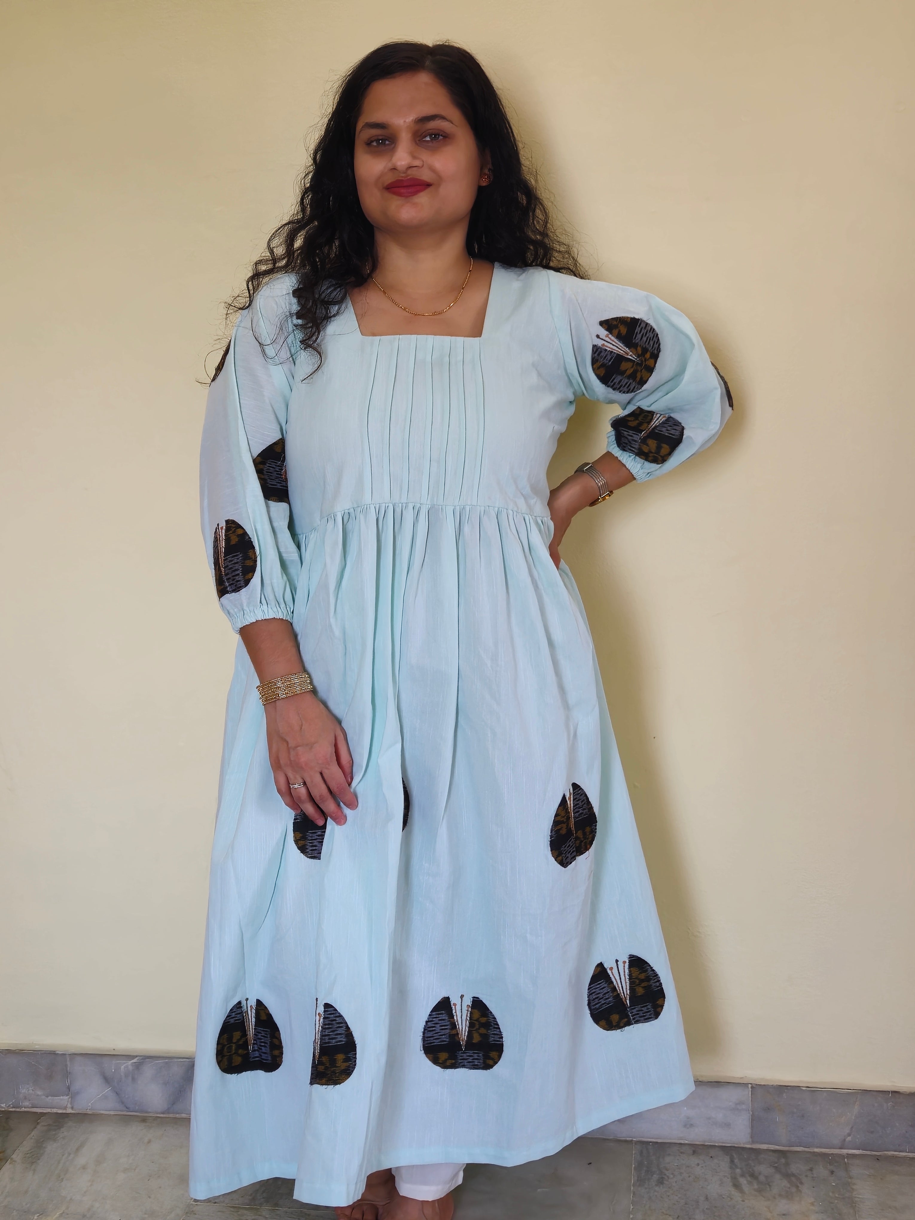 "Neerja" Patchwork Aqua Blue Linen Dress