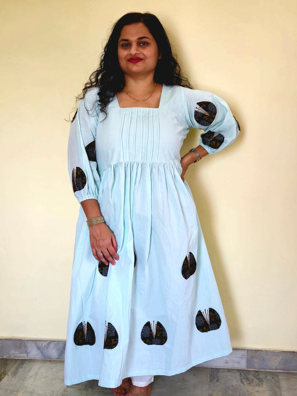 "Neerja" Patchwork Aqua Blue Linen Dress