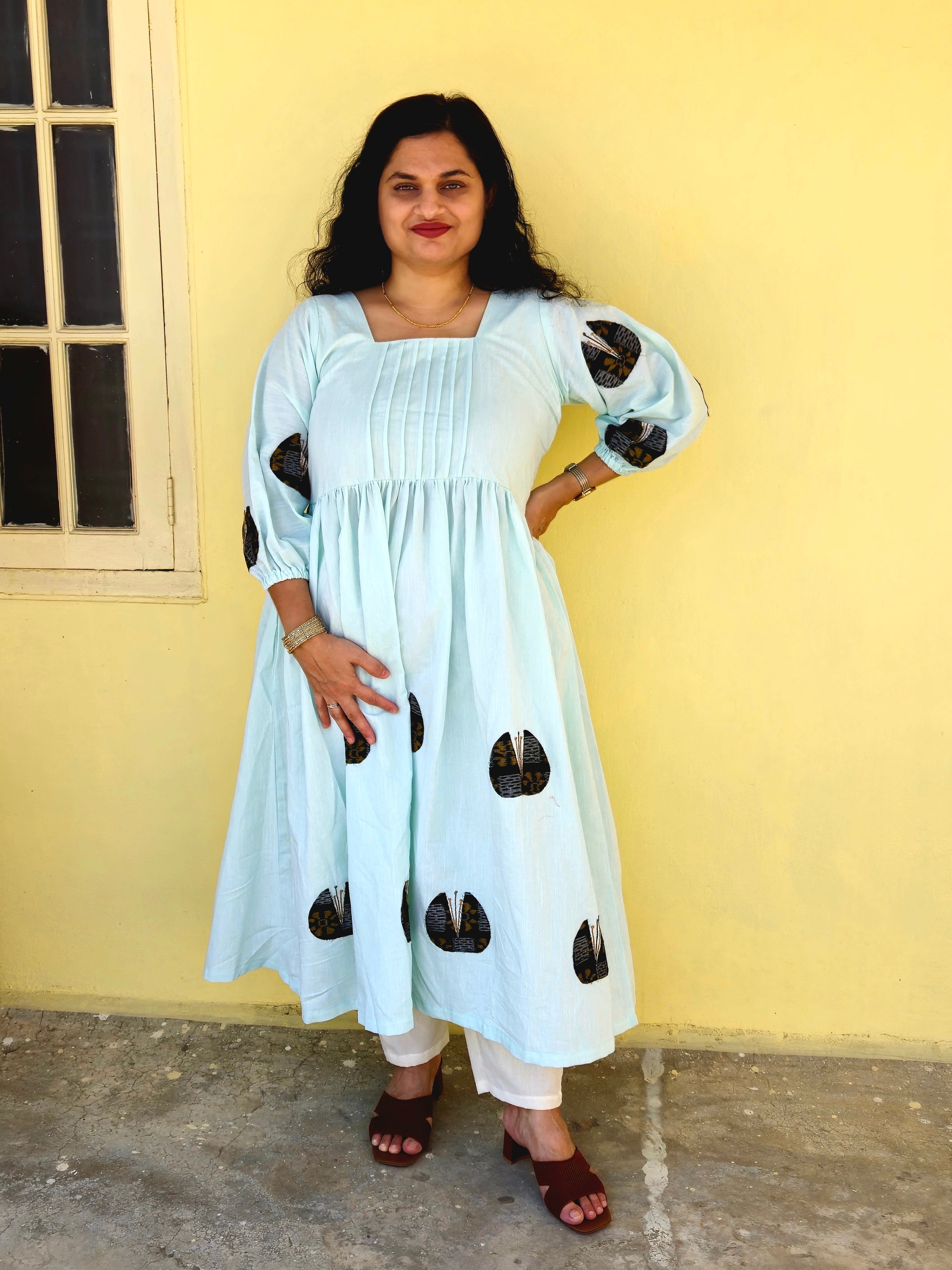 "Neerja" Patchwork Aqua Blue Linen Dress