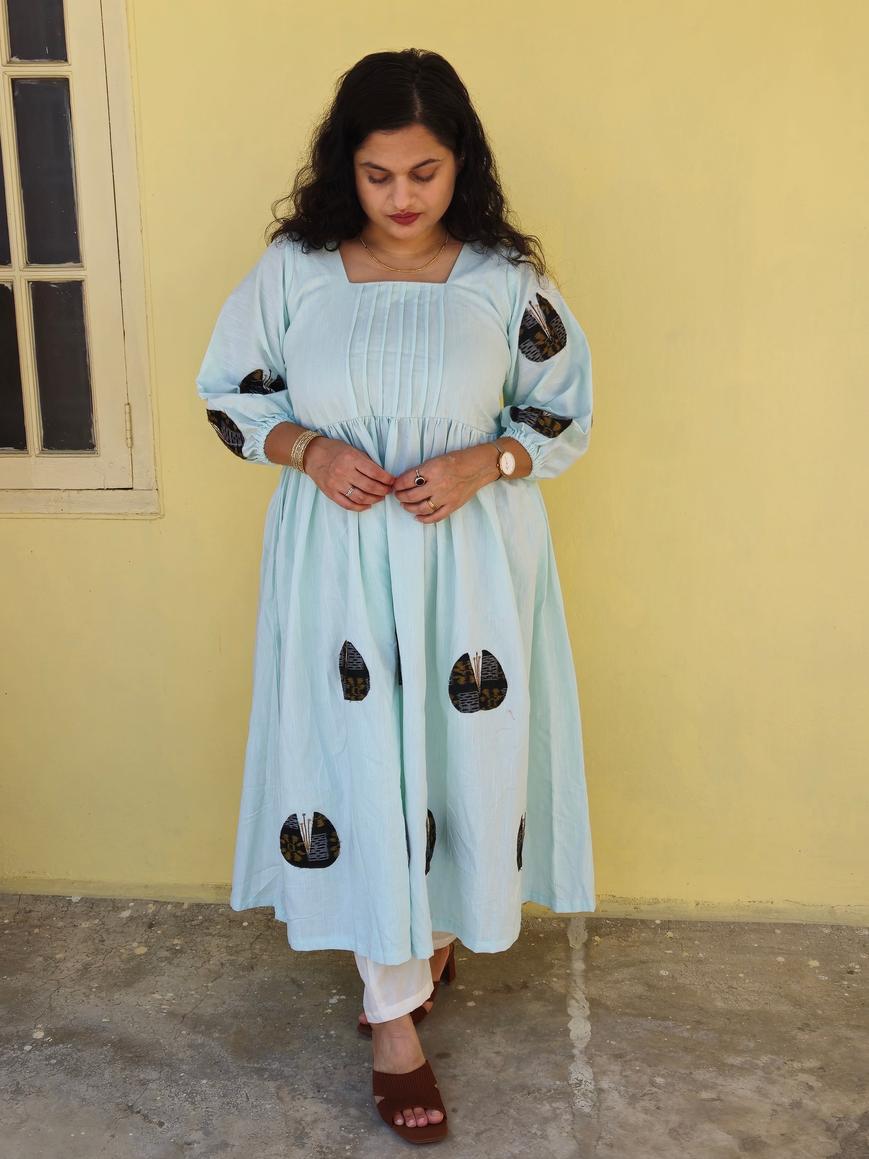 "Neerja" Patchwork Aqua Blue Linen Dress