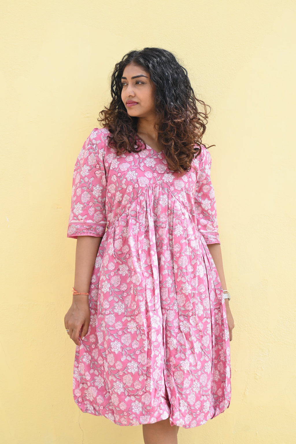 "Mrinala" Pink Floral Blockprint Dress