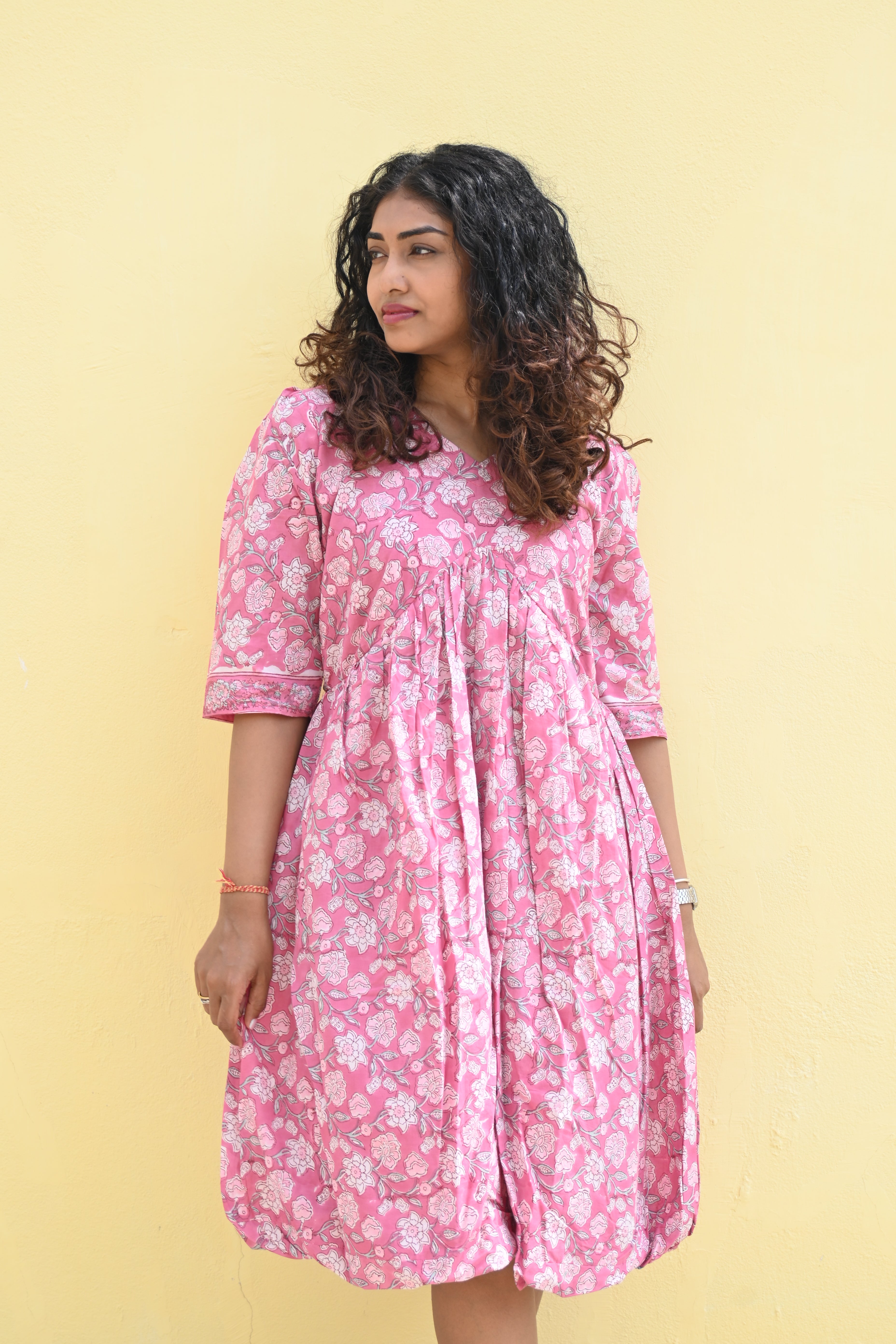 "Mrinala" Pink Floral Blockprint Dress