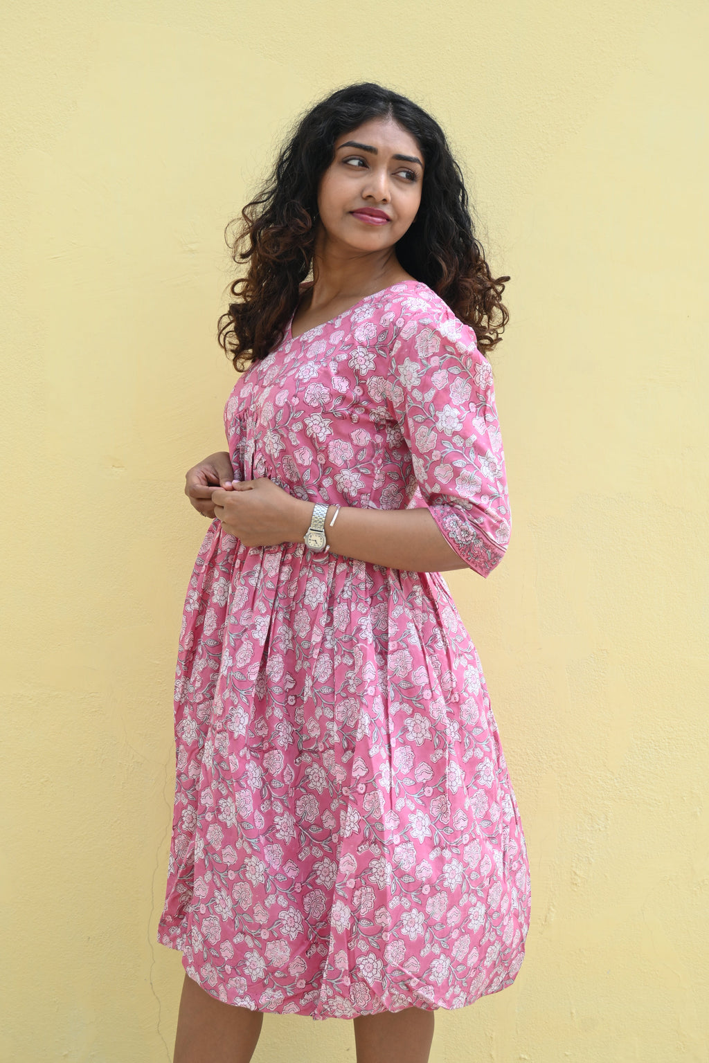 "Mrinala" Pink Floral Blockprint Dress