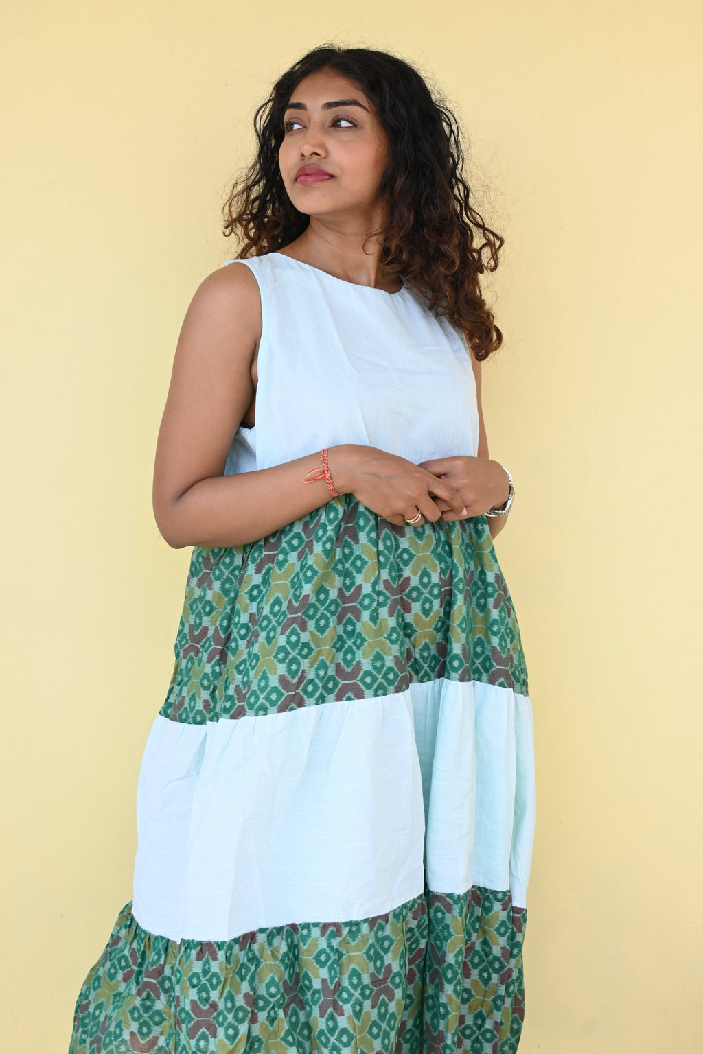 "Vasudha" Green Sambalpuri Handloom & Linen Dress