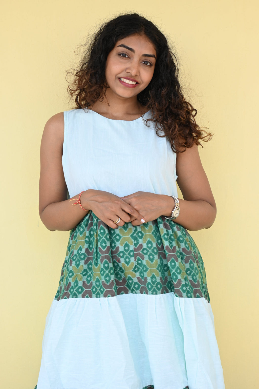 "Vasudha" Green Sambalpuri Handloom & Linen Dress