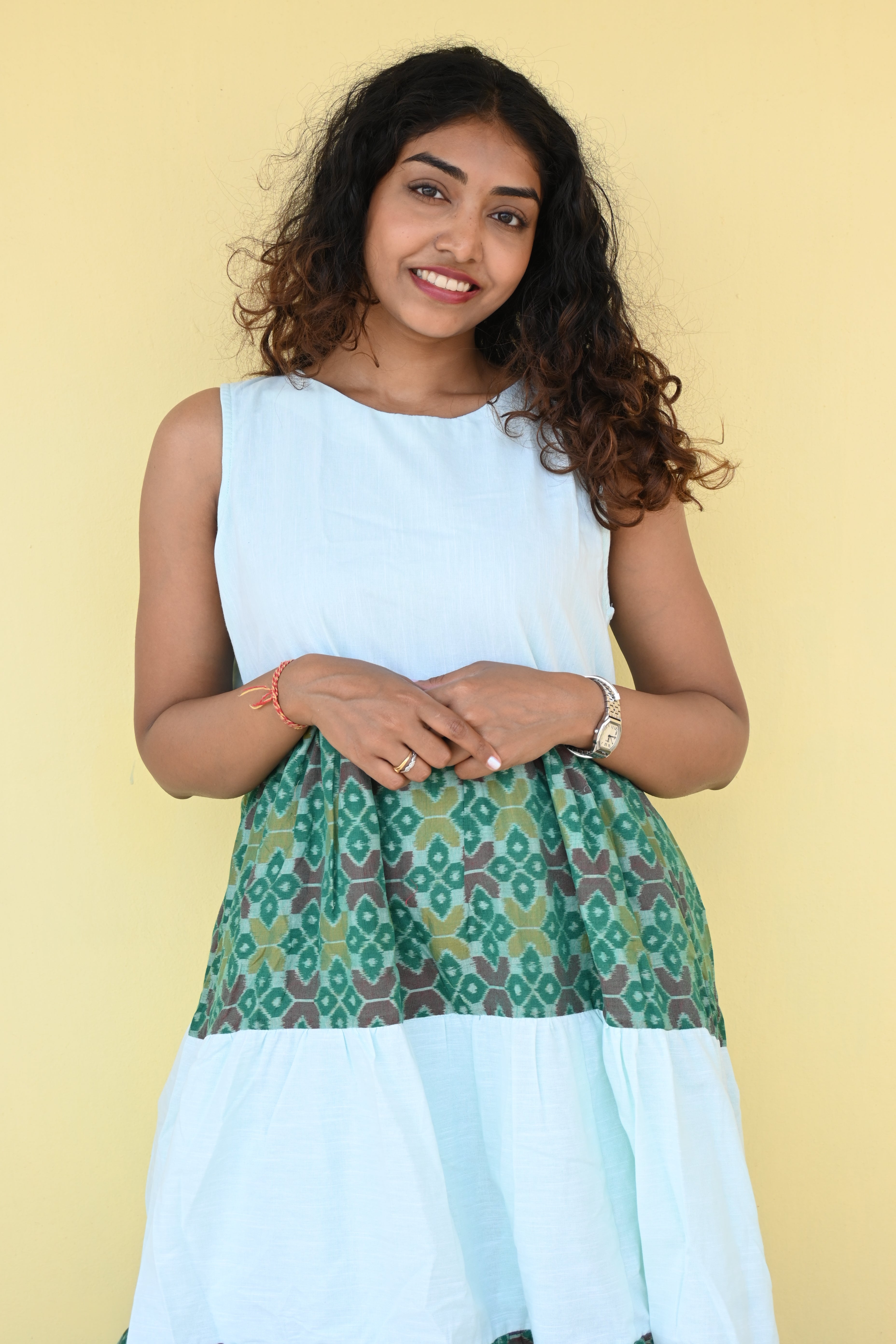 "Vasudha" Green Sambalpuri Handloom & Linen Dress