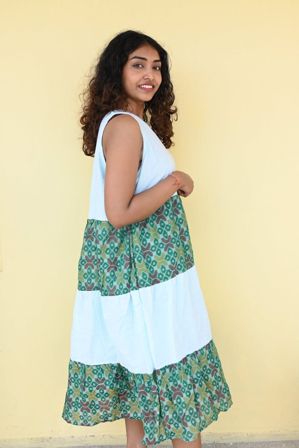 "Vasudha" Green Sambalpuri Handloom & Linen Dress