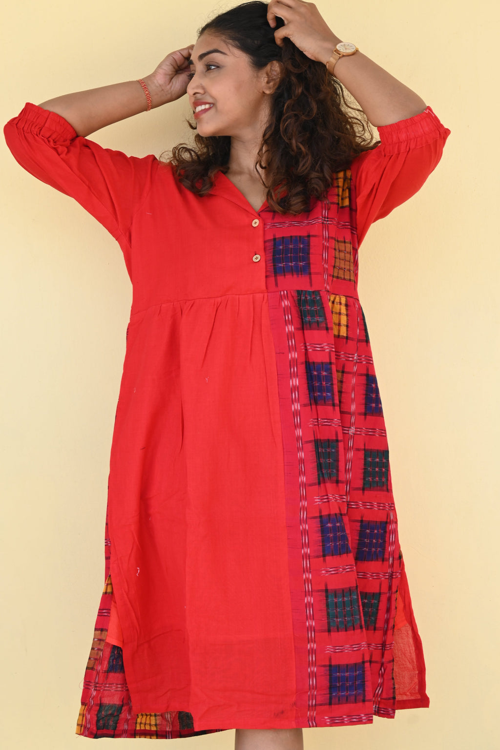 "Rohini" Red Sambalpuri Handloom & Linen Dress