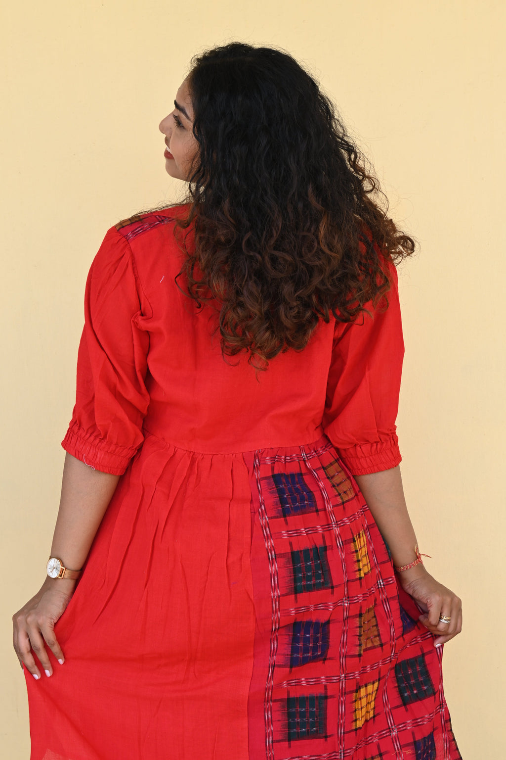 "Rohini" Red Sambalpuri Handloom & Linen Dress