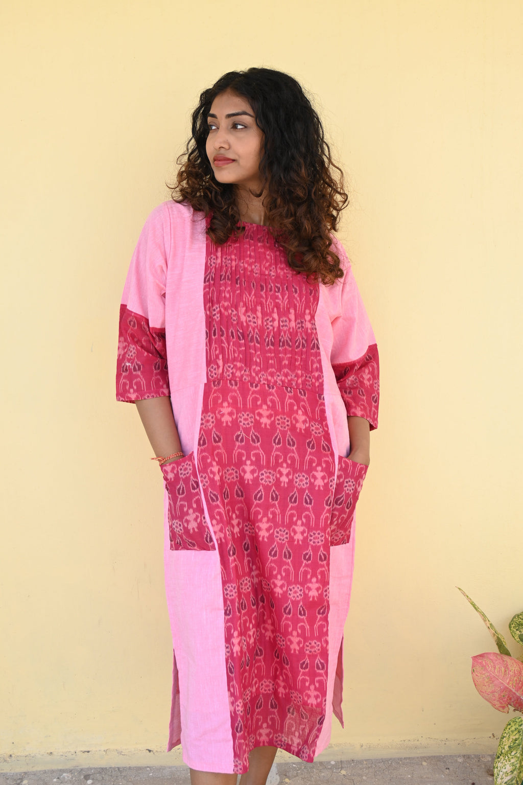 "Taru" Pink Sambalpuri Handloom & Linen Dress