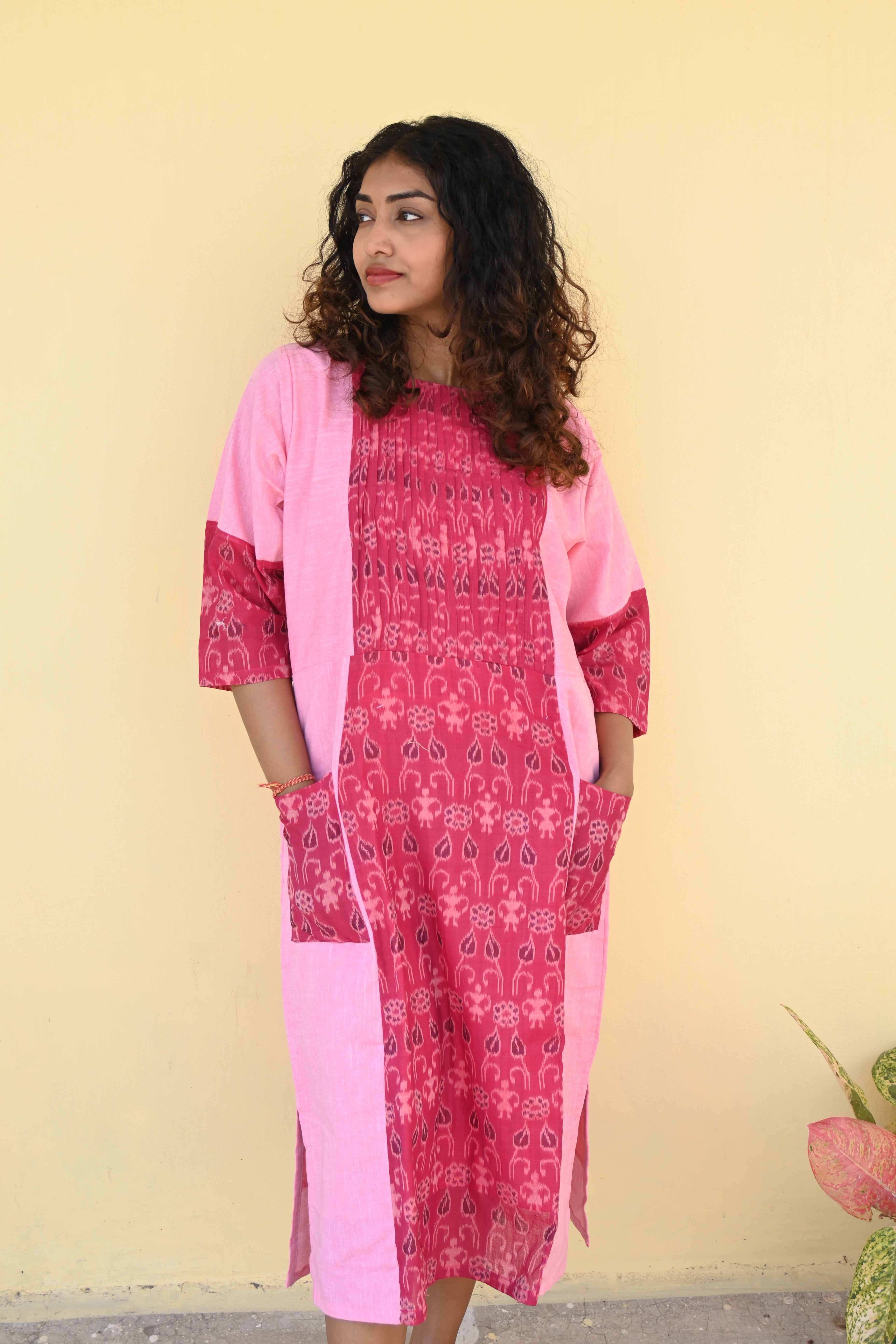 "Taru" Pink Sambalpuri Handloom & Linen Dress