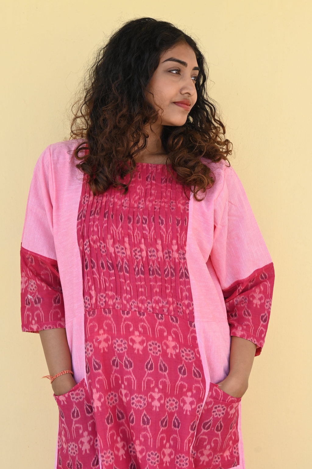 "Taru" Pink Sambalpuri Handloom & Linen Dress