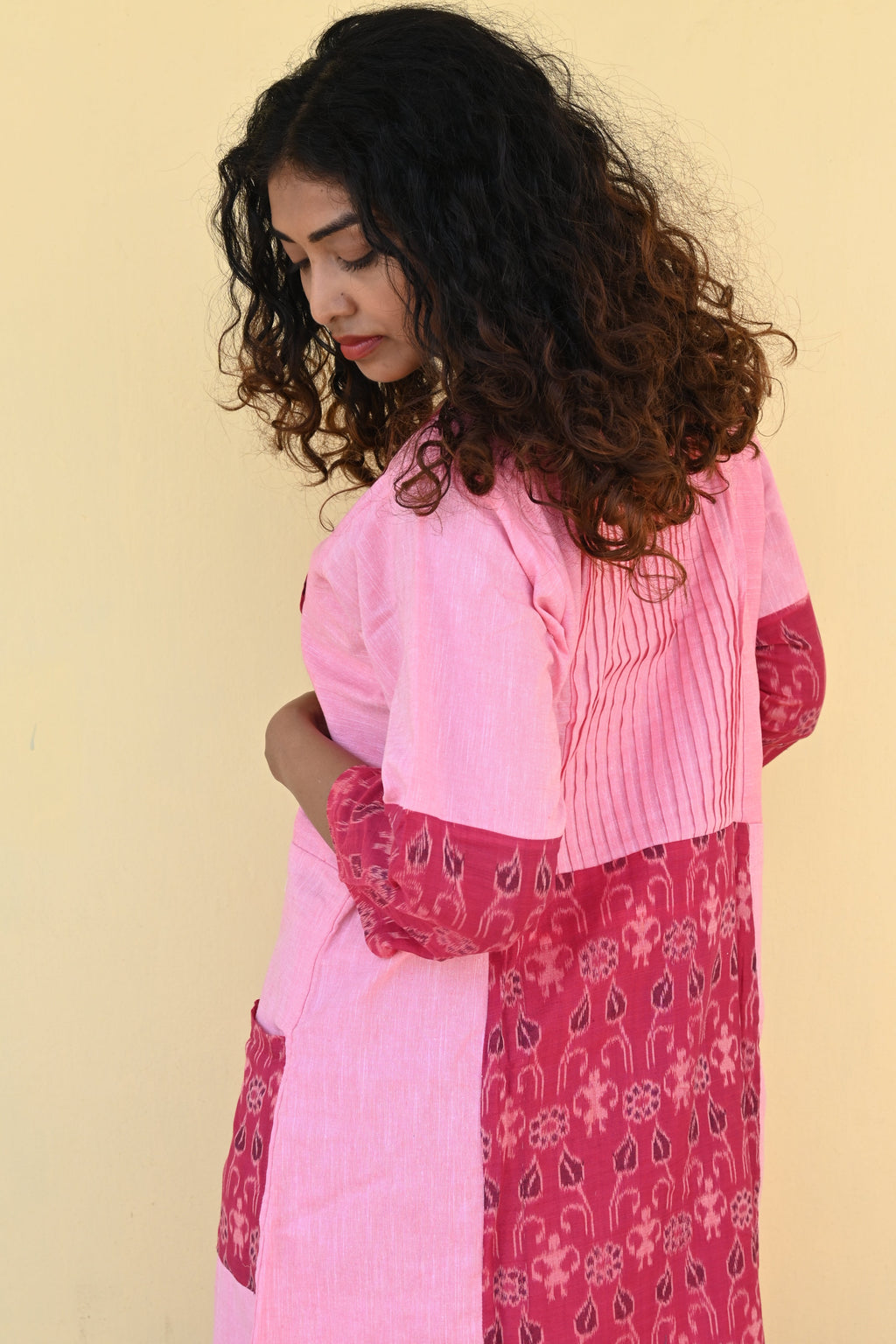 "Taru" Pink Sambalpuri Handloom & Linen Dress