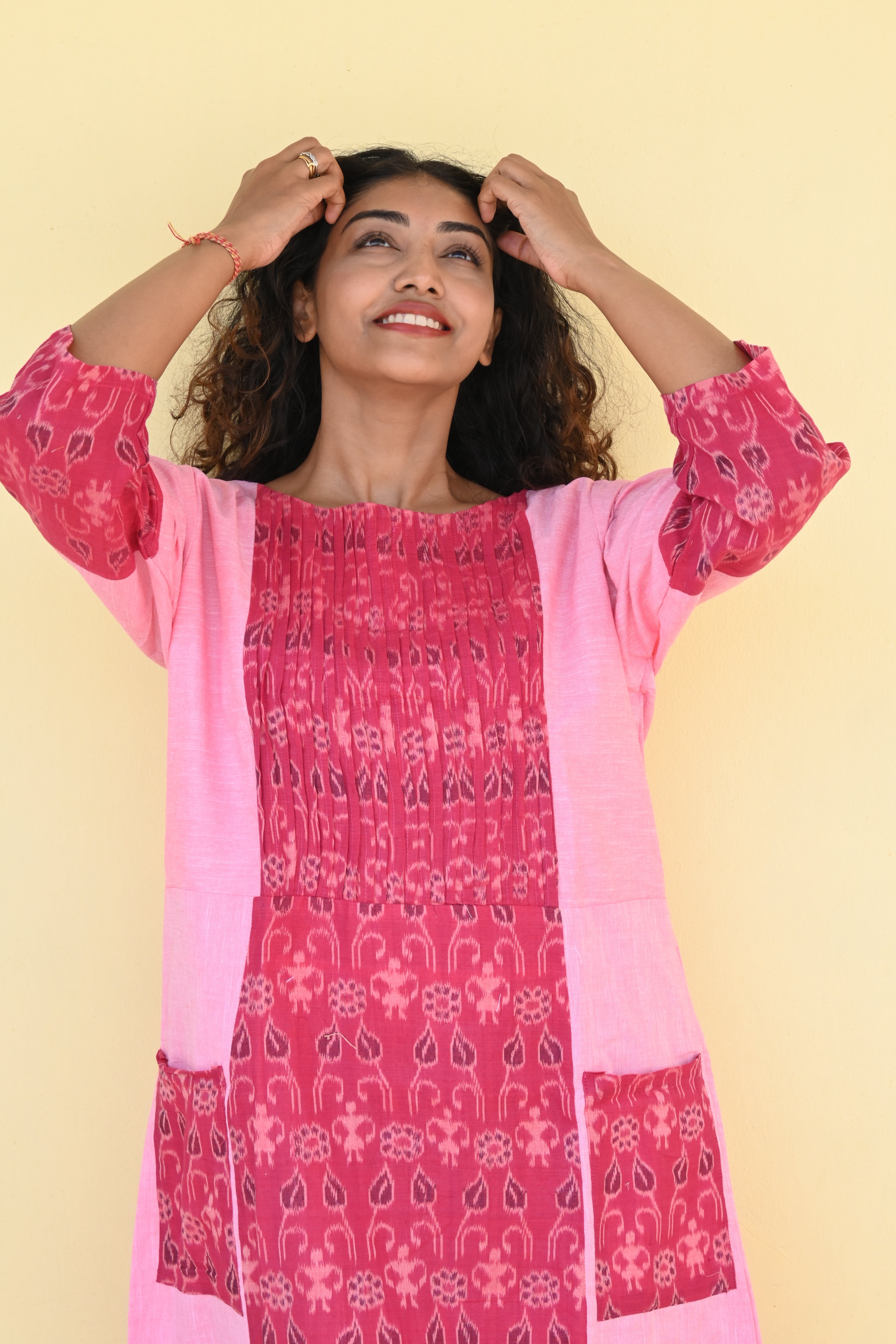 "Taru" Pink Sambalpuri Handloom & Linen Dress